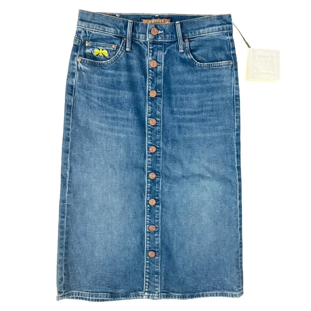 Mother La DoubleJ Button Vagabond Embroidered Blue Denim Midi Skirt Size 25 NEW